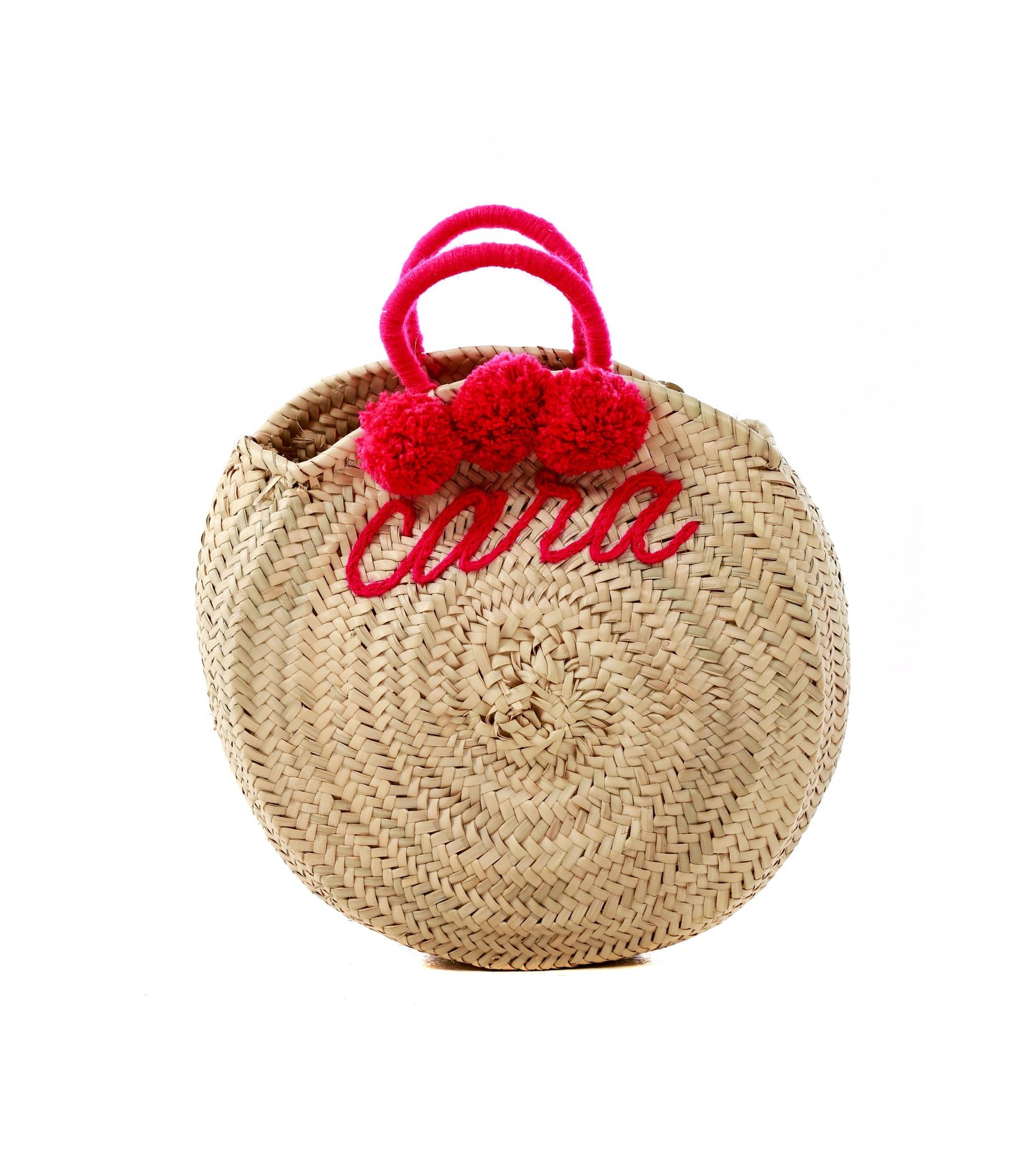 Personalized Medium Straw Bag With Wrapped Handles And Pompoms | Mazador